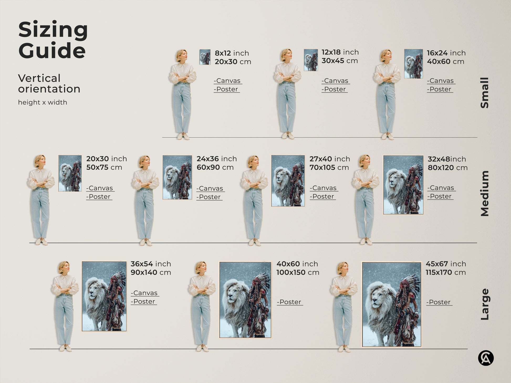 Explore the sizing guide for the Majestic Harmony artwork. Visualize vertical orientations with canvas and poster options. Select from sizes like 8x12 to 45x67 inches. Find the ideal fit for your space. Transform your walls today.