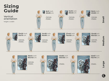 Explore the sizing guide for the Majestic Harmony artwork. Visualize vertical orientations with canvas and poster options. Select from sizes like 8x12 to 45x67 inches. Find the ideal fit for your space. Transform your walls today.