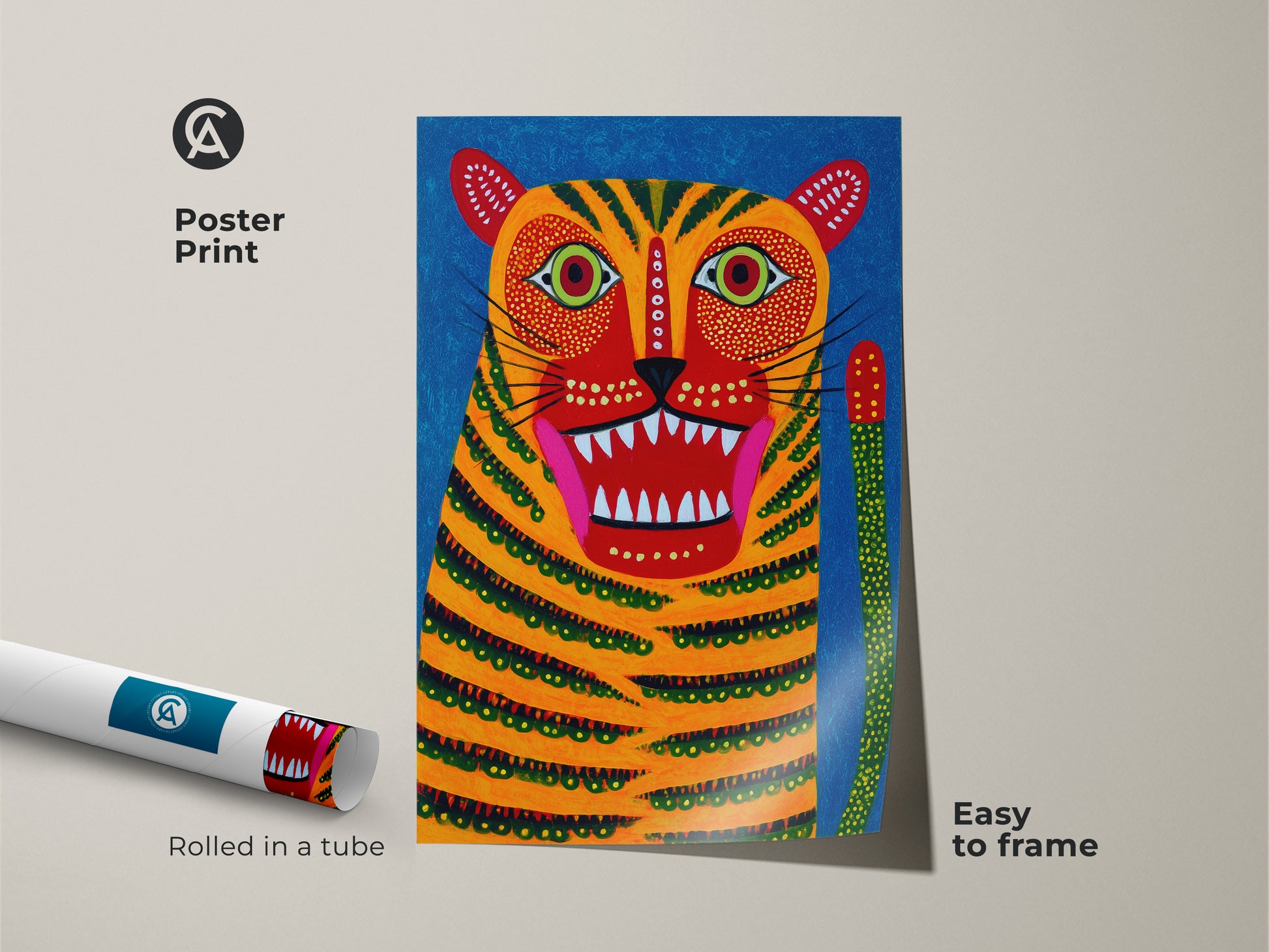 A rolled poster print showcases colorful wildlife art. The abstract tiger art adds an eclectic touch to your home decor. This folk art animal print is easy to frame. It is a museum-quality paper and rolled in a protective tube for convenient shipping.