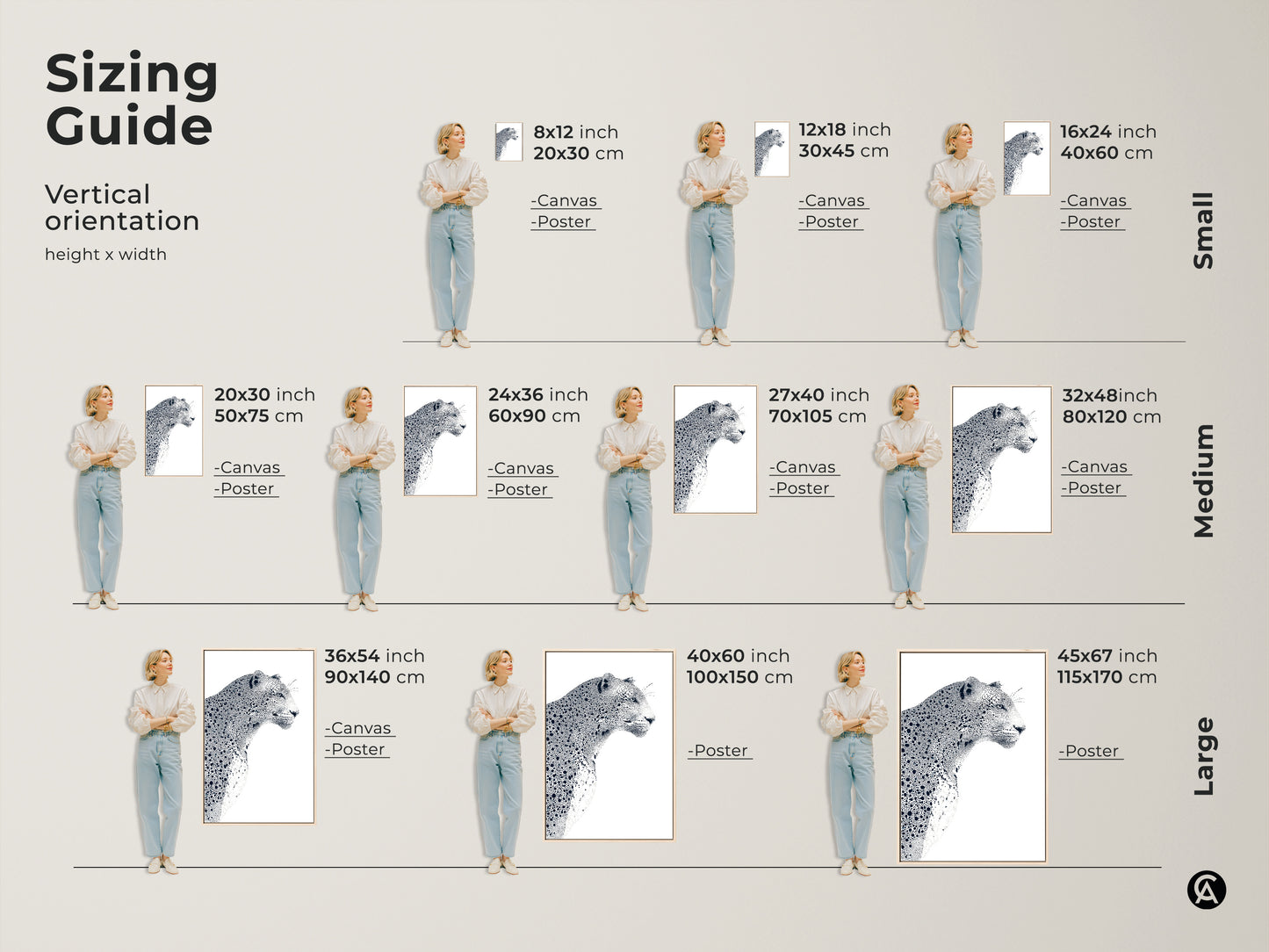 Sizing guide for leopard art prints. Visualize vertical orientation options in small medium and large sizes. Discover canvas and poster formats. Choose the perfect dimensions to complement your living space. Enhance your home decor with wildlife art.