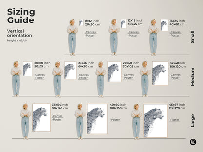 Sizing guide for leopard art prints. Visualize vertical orientation options in small medium and large sizes. Discover canvas and poster formats. Choose the perfect dimensions to complement your living space. Enhance your home decor with wildlife art.