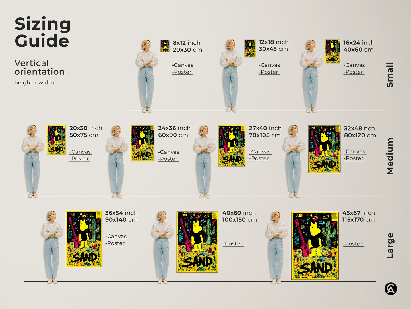 Sizing guide for the SAND art print. See vertical orientation height and width options. Available as canvas or poster in sizes from small to large. Find the perfect fit for your space.