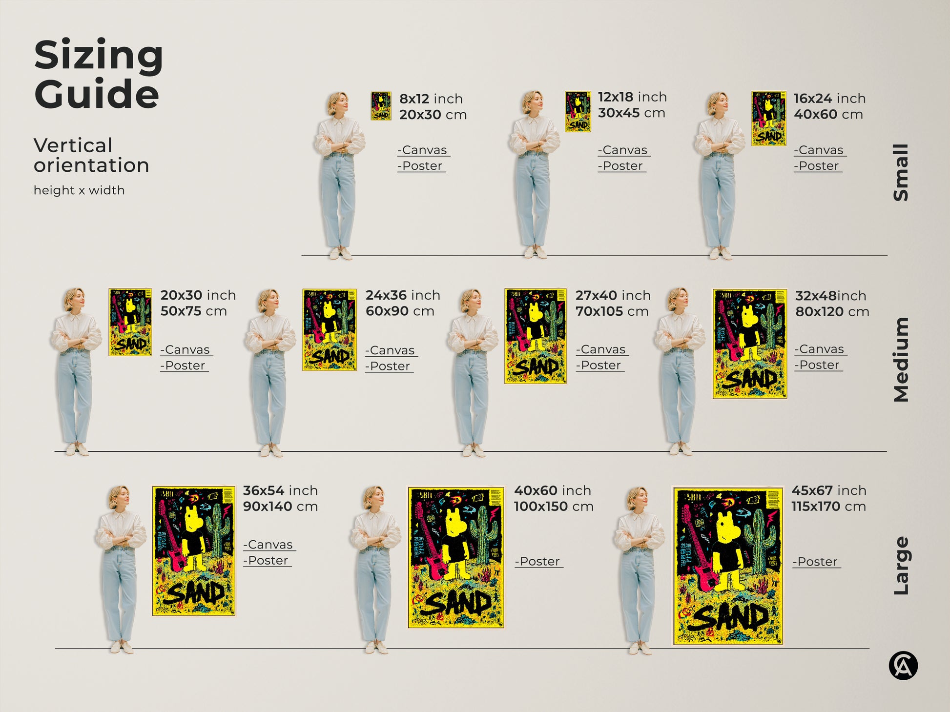 Sizing guide for the SAND art print. See vertical orientation height and width options. Available as canvas or poster in sizes from small to large. Find the perfect fit for your space.