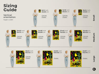 Sizing guide for the SAND art print. See vertical orientation height and width options. Available as canvas or poster in sizes from small to large. Find the perfect fit for your space.
