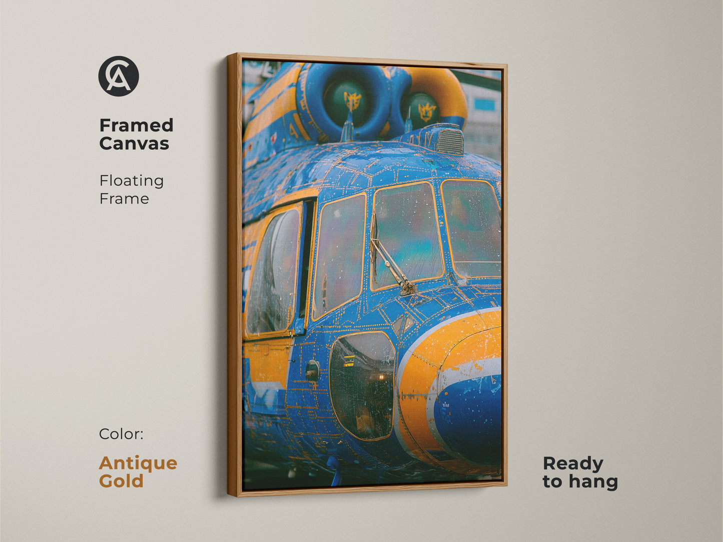 Framed canvas art featuring a blue and yellow helicopter. The floating frame is antique gold. This unique piece of art is ready to hang. The helicopter artwork is printed on a framed canvas.