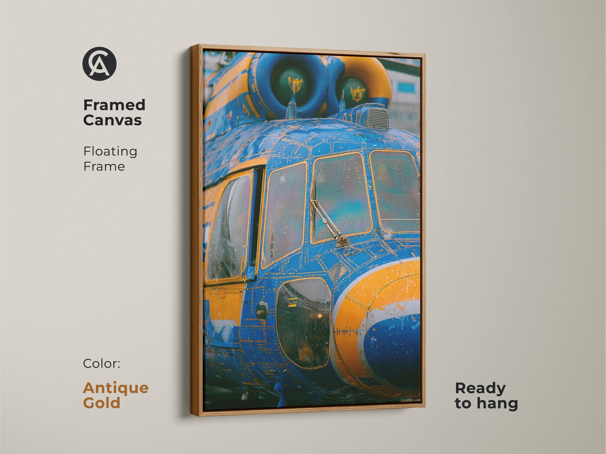 Framed canvas art featuring a blue and yellow helicopter. The floating frame is antique gold. This unique piece of art is ready to hang. The helicopter artwork is printed on a framed canvas.