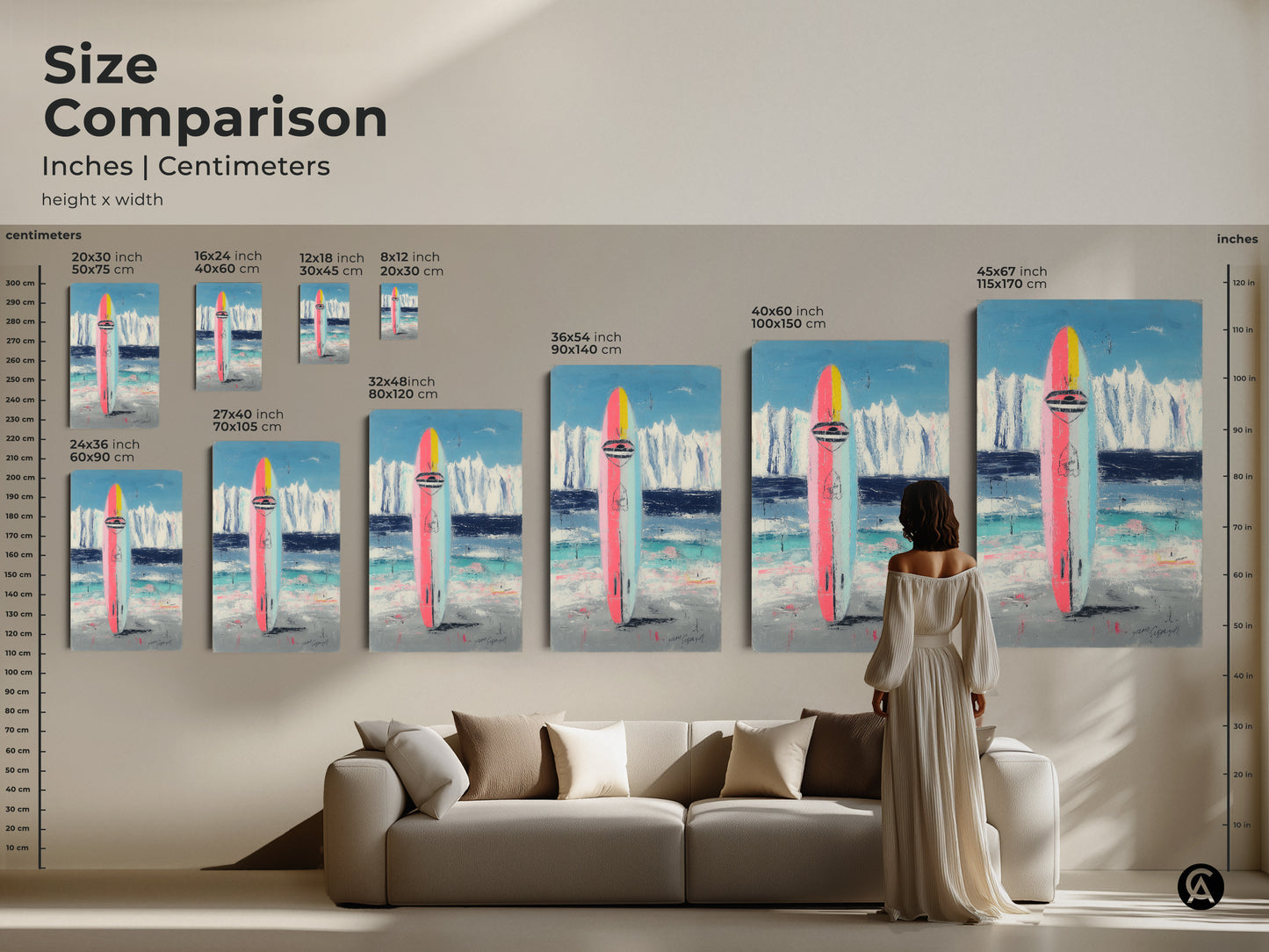 Size comparison of abstract surfboard art. See canvas prints in inches and centimeters. From small to large sizes. This coastal piece makes a statement in any room.