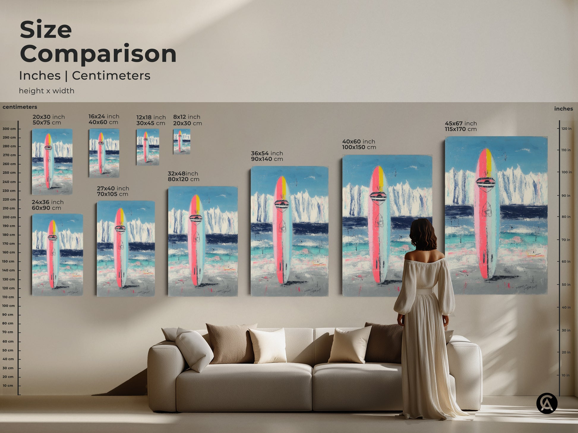 Size comparison of abstract surfboard art. See canvas prints in inches and centimeters. From small to large sizes. This coastal piece makes a statement in any room.
