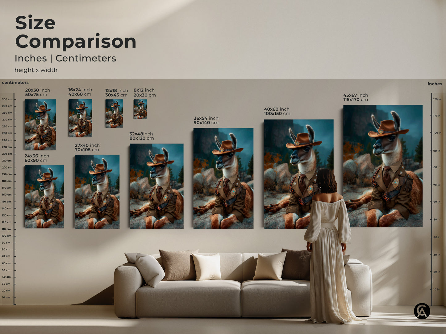 Size comparison featuring the surreal Cowboy Llama art in various sizes. Available in both inches and centimeters this fantasy animal artwork can be chosen to fit any room as the perfect wall art decor.