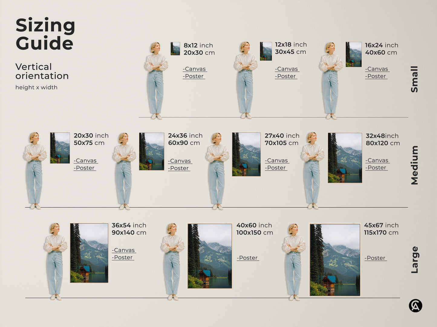 Sizing Guide for Vertical Orientation Canvas and Poster Prints. Find the perfect size for your forest mountain lake artwork. From small 8x12 inch to large 45x67 inch options available. Perfect for any space.