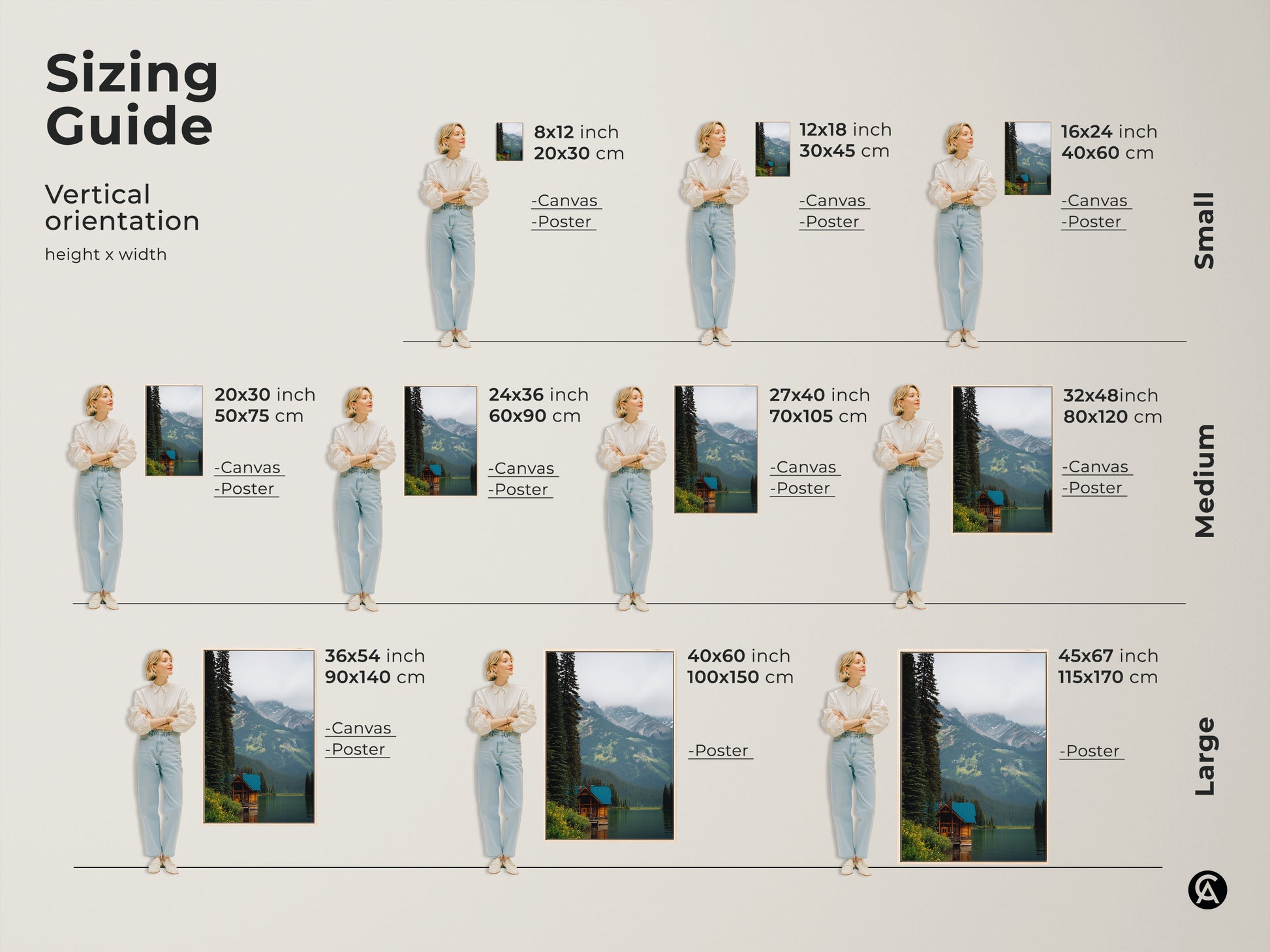 Sizing Guide for Vertical Orientation Canvas and Poster Prints. Find the perfect size for your forest mountain lake artwork. From small 8x12 inch to large 45x67 inch options available. Perfect for any space.