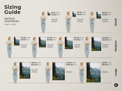 Sizing Guide for Vertical Orientation Canvas and Poster Prints. Find the perfect size for your forest mountain lake artwork. From small 8x12 inch to large 45x67 inch options available. Perfect for any space.