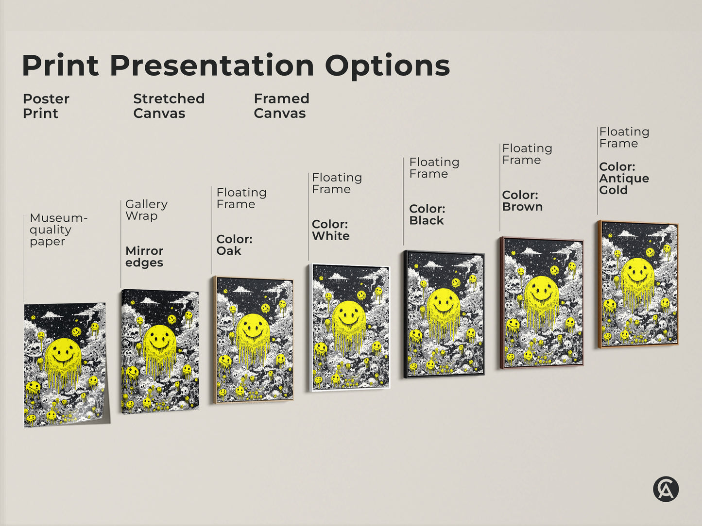 Print presentation options including poster print stretched canvas and framed canvas. Each features a melting smiley face and skull artwork. Choose the perfect format to showcase this unique art in your home. From museum-quality paper to gallery-wrapped edges there is a style for everyone.