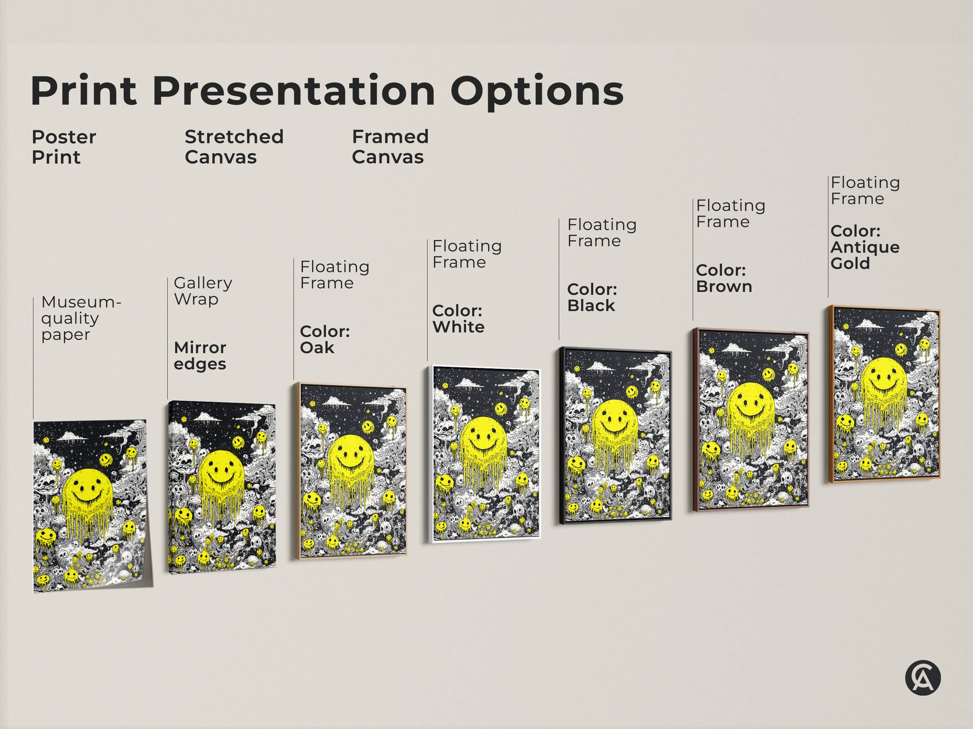 Print presentation options including poster print stretched canvas and framed canvas. Each features a melting smiley face and skull artwork. Choose the perfect format to showcase this unique art in your home. From museum-quality paper to gallery-wrapped edges there is a style for everyone.