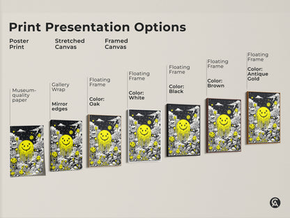 Print presentation options including poster print stretched canvas and framed canvas. Each features a melting smiley face and skull artwork. Choose the perfect format to showcase this unique art in your home. From museum-quality paper to gallery-wrapped edges there is a style for everyone.