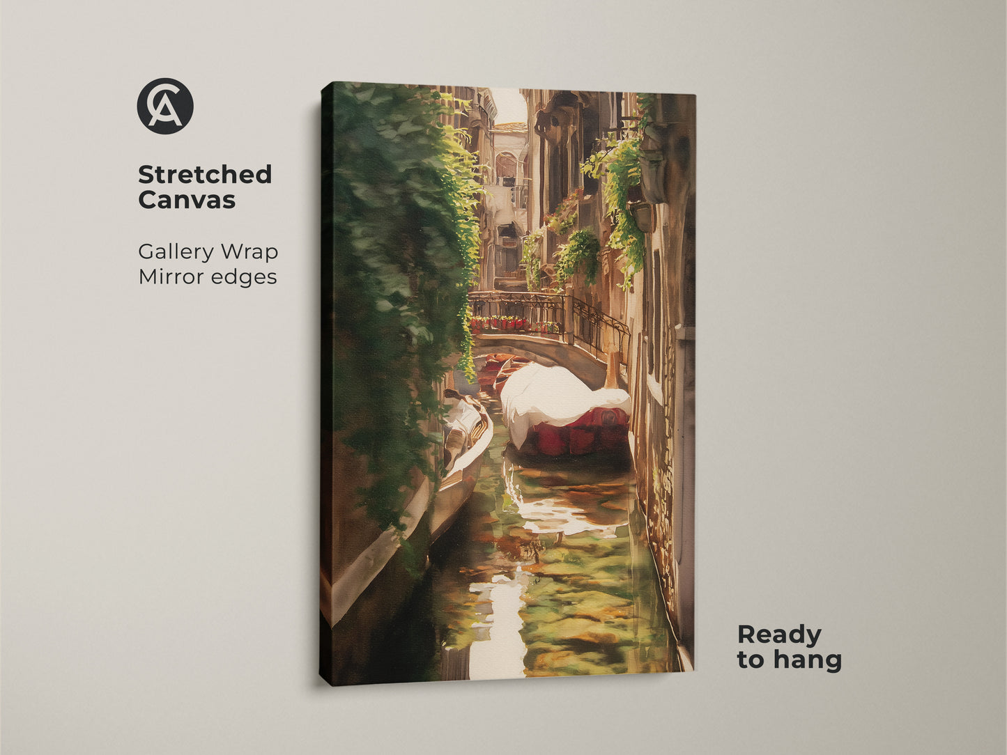 A stretched canvas gallery wrap print of a Venice canal. This Italian cityscape artwork features a gondola boat. The traditional landscape print has mirror edges and is ready to hang.