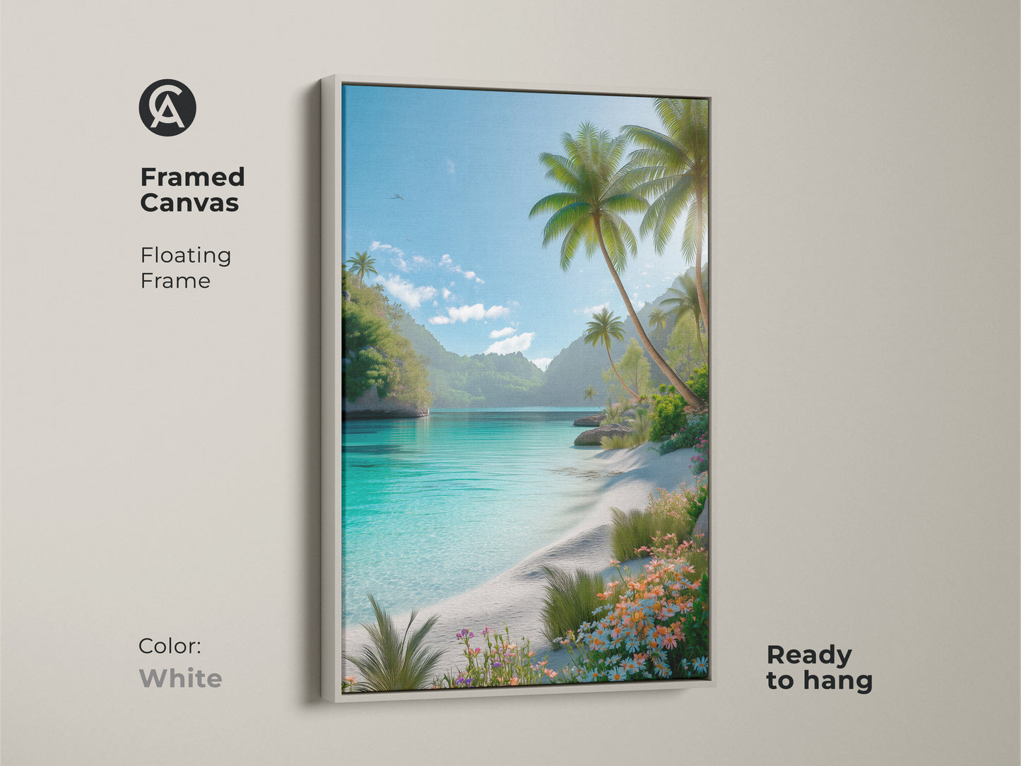 Framed canvas art print with a white floating frame. This tropical beach artwork is ready to hang. The art features turquoise water palm trees and white sand. Shop today.