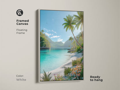 Framed canvas art print with a white floating frame. This tropical beach artwork is ready to hang. The art features turquoise water palm trees and white sand. Shop today.
