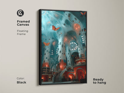Enhance your decor with this framed fantasy interior art. This surreal architecture canvas is set in a warm brown floating frame. It complements the teal blue and red tones. This butterfly art print is ready to hang as eclectic home office art. It's the perfect unique housewarming gift.