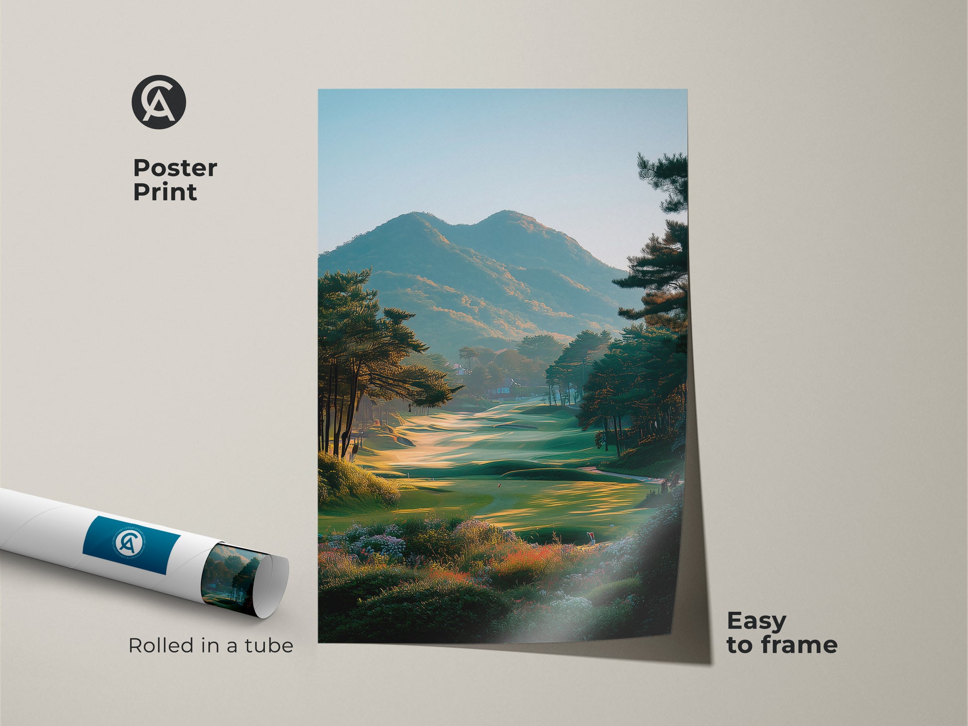 Golf course poster print showcasing a stunning landscape. The artwork is rolled in a tube for easy framing. This poster captures the beauty of the green with mountains in the background. Ideal for golf lovers seeking a serene landscape.