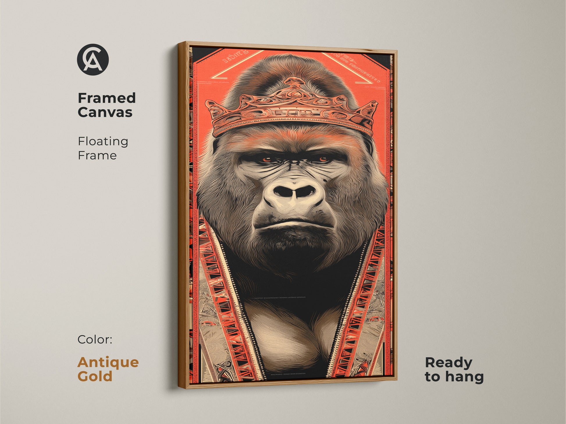 Antique gold framed canvas art of a gorilla king. The artwork displays a regal gorilla with a crown in a tribal pattern style. This bold illustration in orange and black makes a statement. It's perfect for eclectic living rooms or as creative office art. A unique and eye-catching animal print.