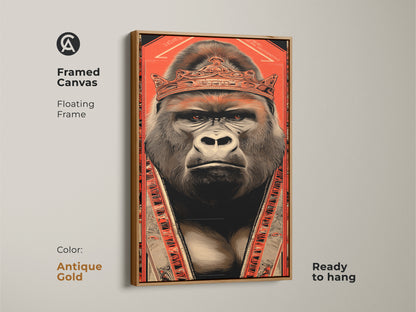 Antique gold framed canvas art of a gorilla king. The artwork displays a regal gorilla with a crown in a tribal pattern style. This bold illustration in orange and black makes a statement. It's perfect for eclectic living rooms or as creative office art. A unique and eye-catching animal print.
