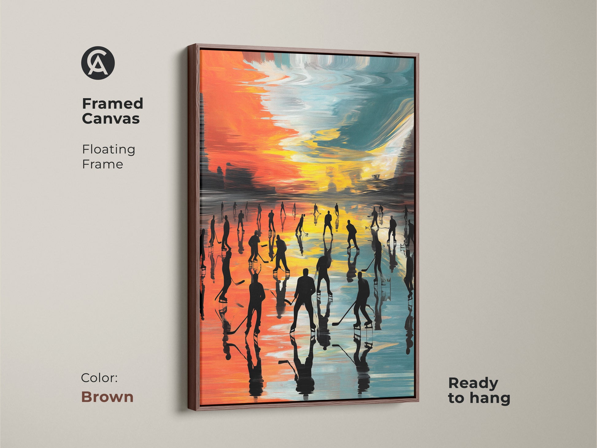 Framed canvas with a floating frame in brown featuring abstract hockey artwork. The modern canvas art displays an ice arena in orange teal and yellow. It captures hockey players silhouetted on the rink. Great wall decor for sports fans.