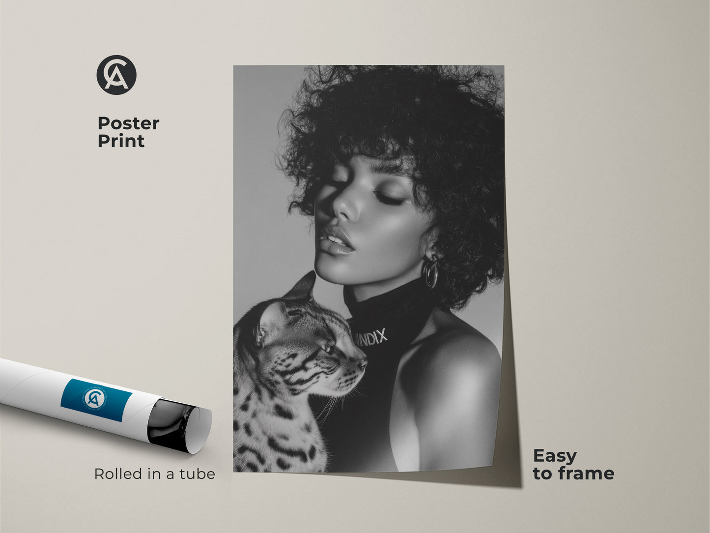 Poster print of a woman with a Bengal cat in black and white. Rolled in a tube for easy framing this contemporary portrait adds modern style to any space. Ideal for chic home decor. Buy now for minimalist art.