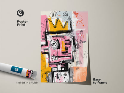 Poster print of an abstract crowned figure. The artwork is rolled in a tube for easy framing. The contemporary art print brings a modern aesthetic to your wall decor. It is easy to frame.