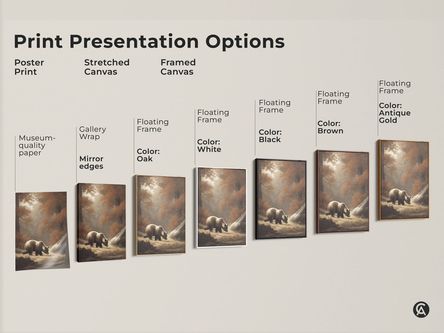 Explore print presentation options with this rustic bear artwork. Choose from poster prints to stretched canvas and framed canvas. Select a floating frame in oak white black brown antique gold. Find the perfect wildlife nature wall decor.
