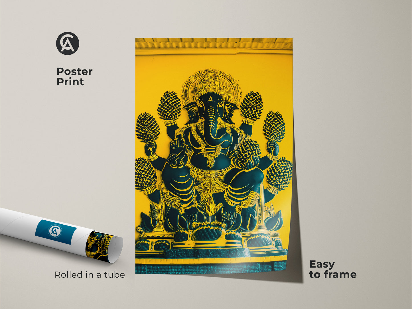 Poster print featuring Ganesha. Showcasing traditional Indian artwork. This yellow and teal spiritual home decor arrives rolled in a tube. Easy to frame this Elephant God canvas art. Perfect for eclectic spiritual art lovers.
