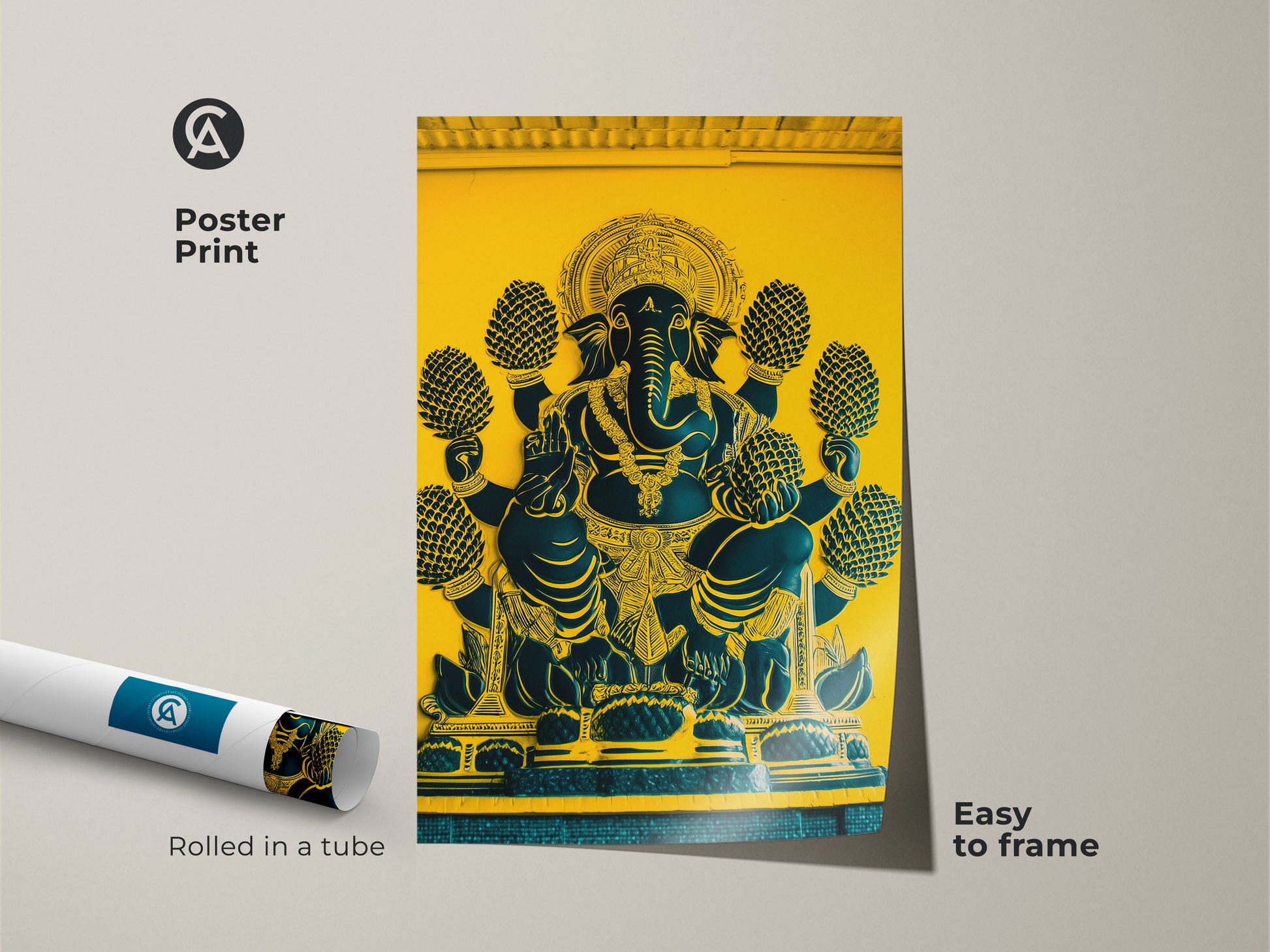 Poster print featuring Ganesha. Showcasing traditional Indian artwork. This yellow and teal spiritual home decor arrives rolled in a tube. Easy to frame this Elephant God canvas art. Perfect for eclectic spiritual art lovers.