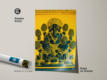 Poster print featuring Ganesha. Showcasing traditional Indian artwork. This yellow and teal spiritual home decor arrives rolled in a tube. Easy to frame this Elephant God canvas art. Perfect for eclectic spiritual art lovers.
