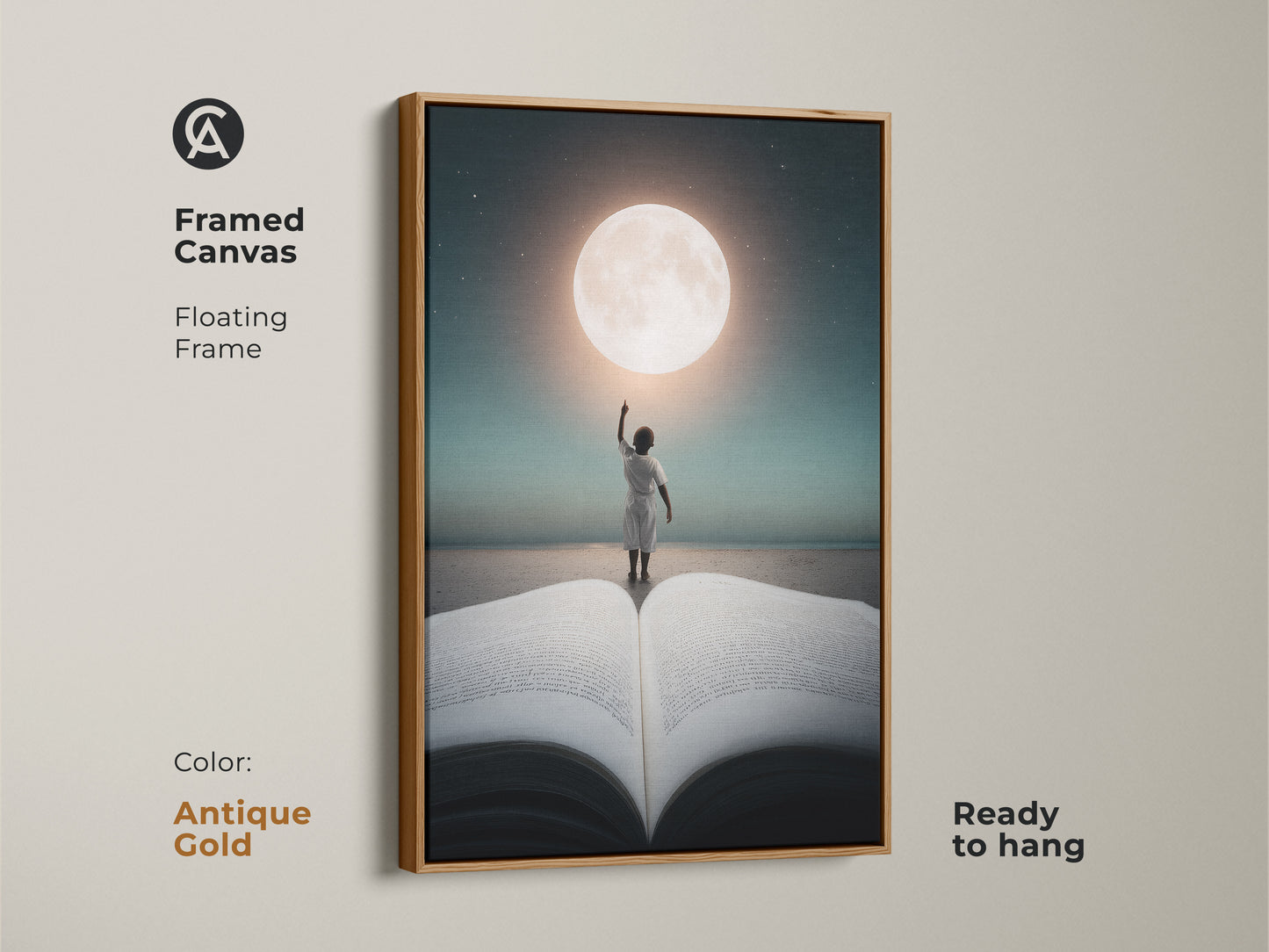 A framed canvas with a floating frame shows a child reaching for the moon. The antique gold frame enhances this ready to hang artwork. It is an imaginative child reaching art for your study space.