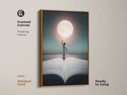 A framed canvas with a floating frame shows a child reaching for the moon. The antique gold frame enhances this ready to hang artwork. It is an imaginative child reaching art for your study space.