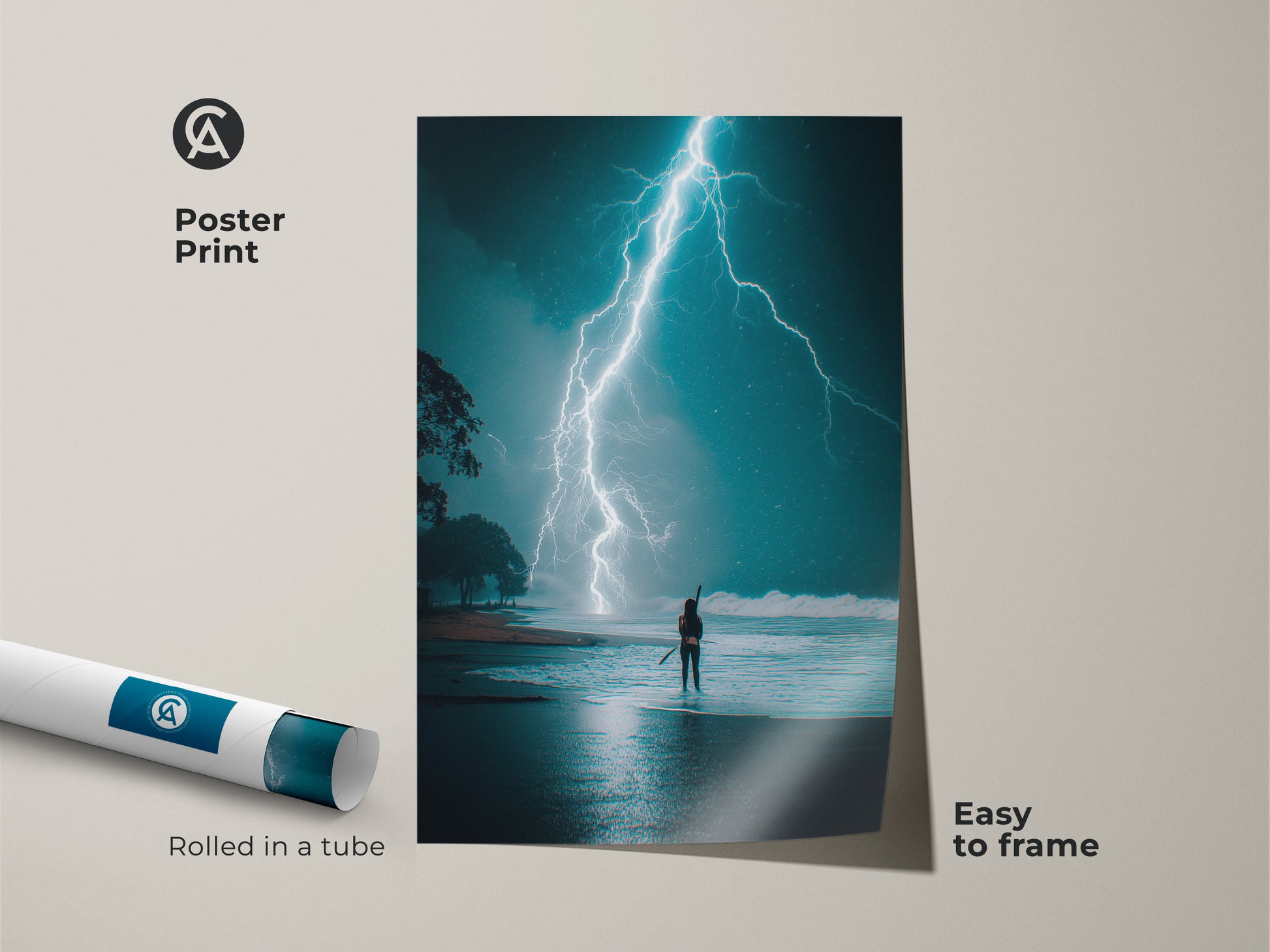 Poster print showcasing a dramatic beach storm and electric blue lightning. This surreal nature artwork captures deep teal ocean waves and a sense of adventure. Easy to frame and perfect for adding a unique touch to any room. A great gift for those who appreciate stormy coastal scenes.