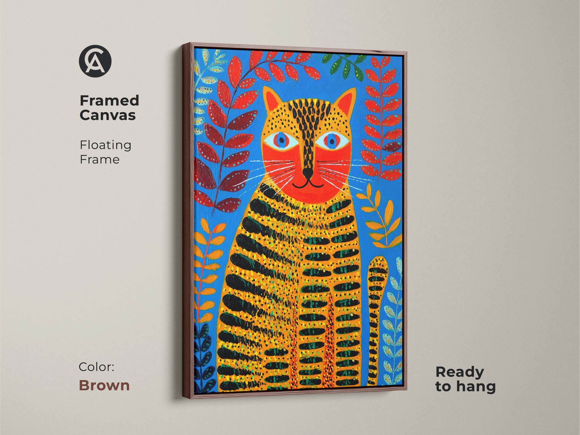 Framed canvas with a brown floating frame is ready to hang. The folk art tiger cat has blue orange and red botanical elements. It makes amazing animal art for your home.