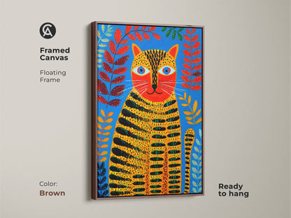 Framed canvas with a brown floating frame is ready to hang. The folk art tiger cat has blue orange and red botanical elements. It makes amazing animal art for your home.