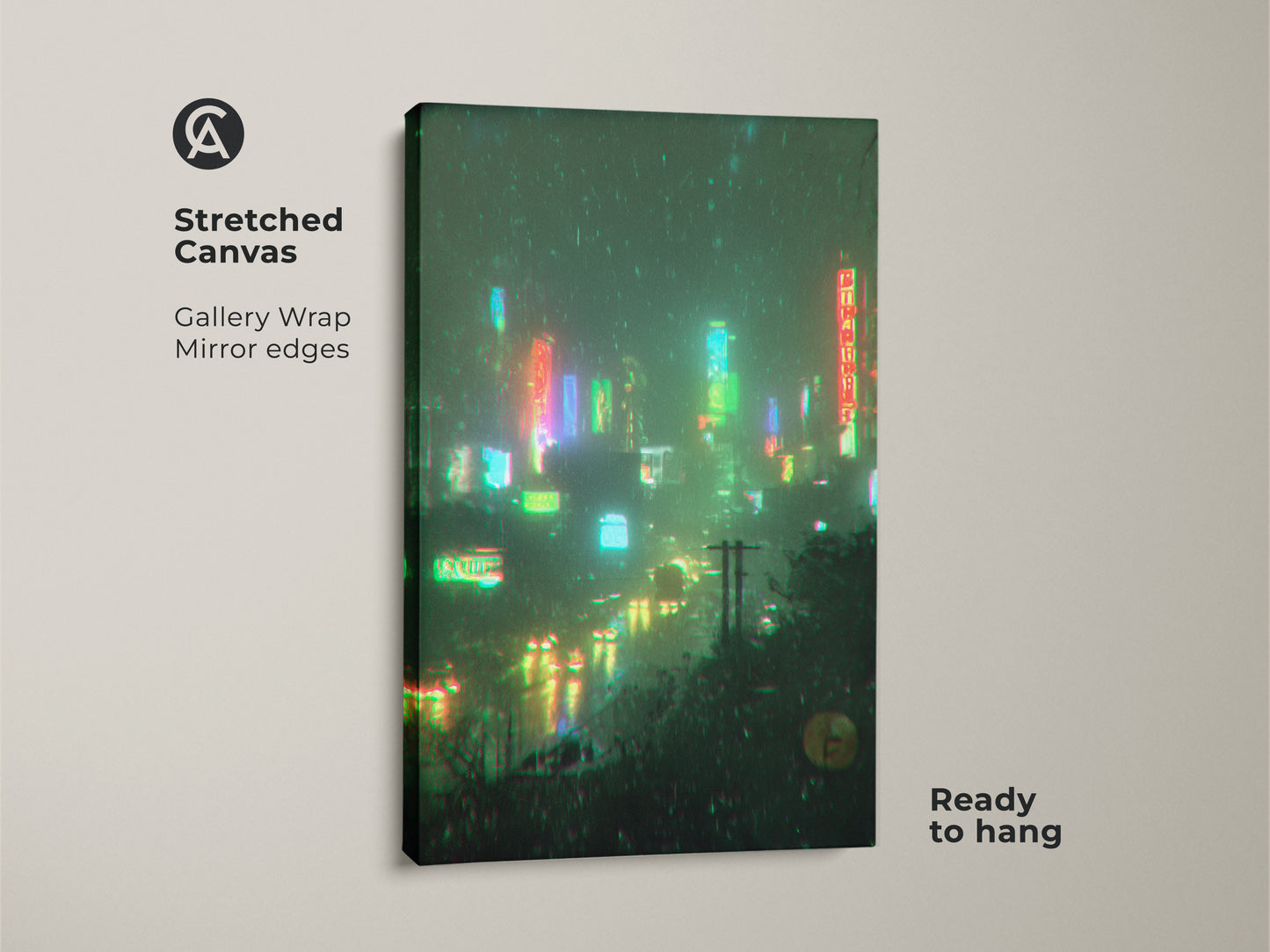 Stretched canvas artwork featuring a rainy cityscape. The gallery wrap and mirror edges create a seamless look. This ready-to-hang piece adds urban charm to any space. The neon lights reflect on the wet streets. A must-have for art collectors.
