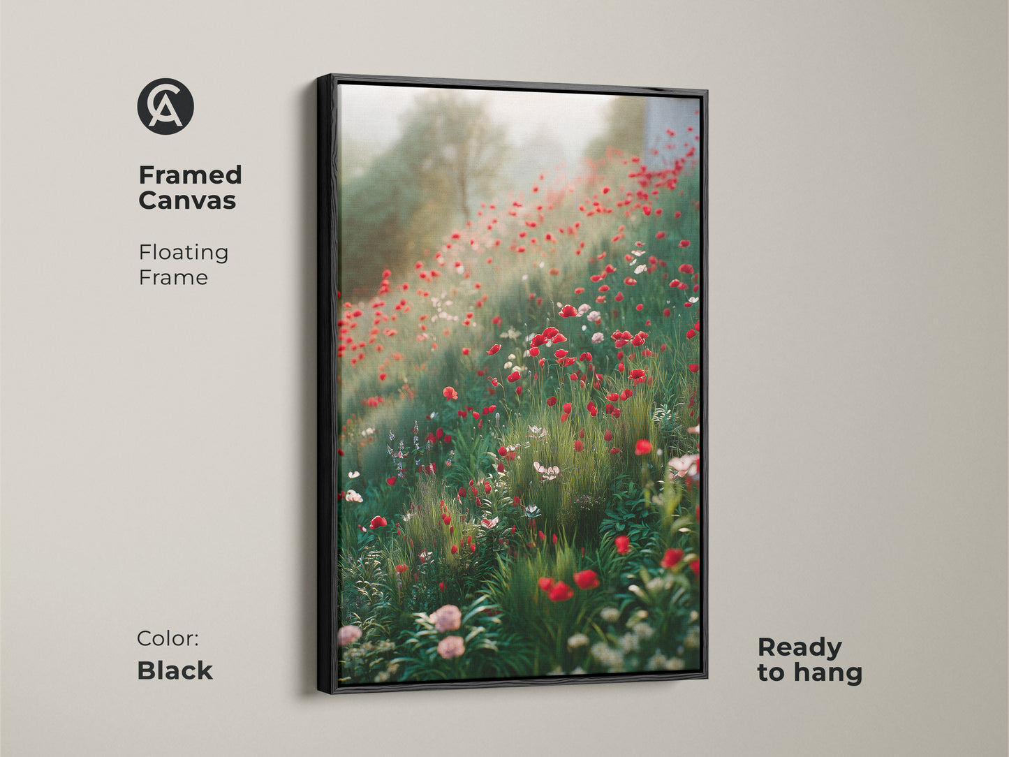 Framed canvas features a black floating frame. The artwork shows a field of red poppies and wildflowers in an impressionistic style. Ready to hang this nature lover gift idea brings a garden scene indoors. Perfect bedroom wall decor.