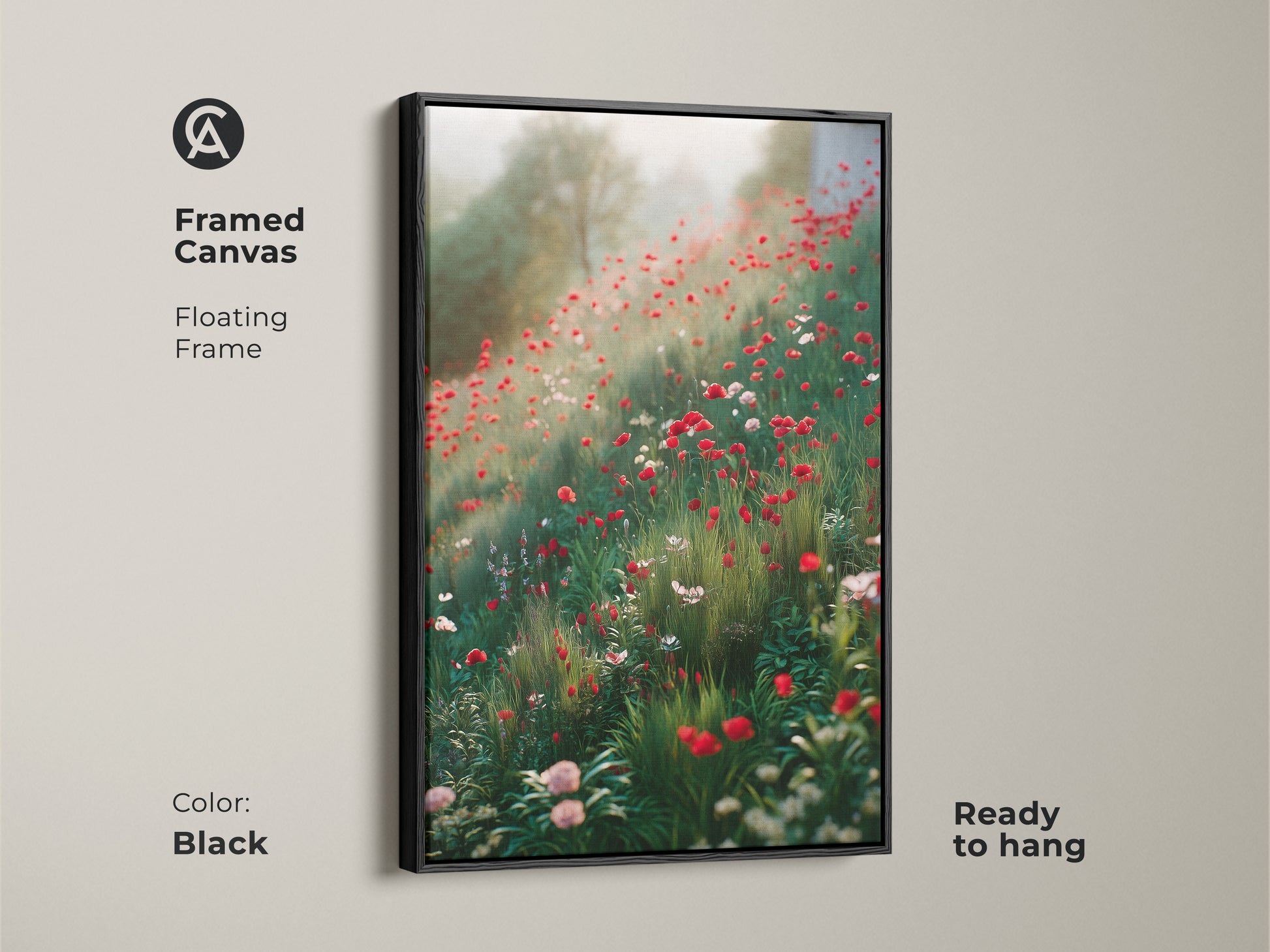 Framed canvas features a black floating frame. The artwork shows a field of red poppies and wildflowers in an impressionistic style. Ready to hang this nature lover gift idea brings a garden scene indoors. Perfect bedroom wall decor.
