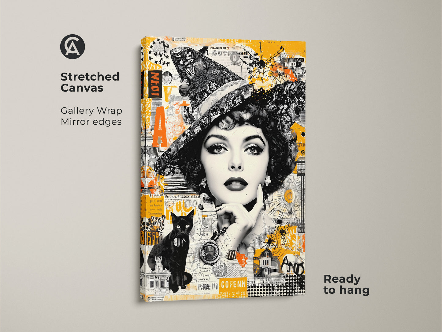 Printed on stretched canvas this artwork captures a witch figure with a black cat in a collage style. The gallery wrap with mirrored edges enhances the depth of the art. Ready to hang to add a touch of vintage mystery