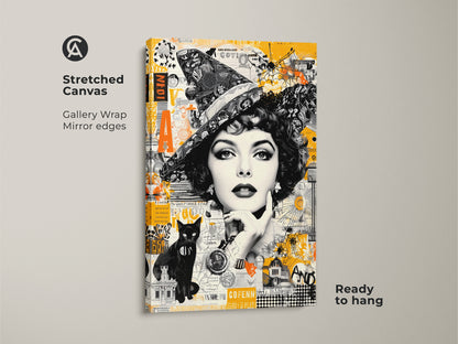 Printed on stretched canvas this artwork captures a witch figure with a black cat in a collage style. The gallery wrap with mirrored edges enhances the depth of the art. Ready to hang to add a touch of vintage mystery