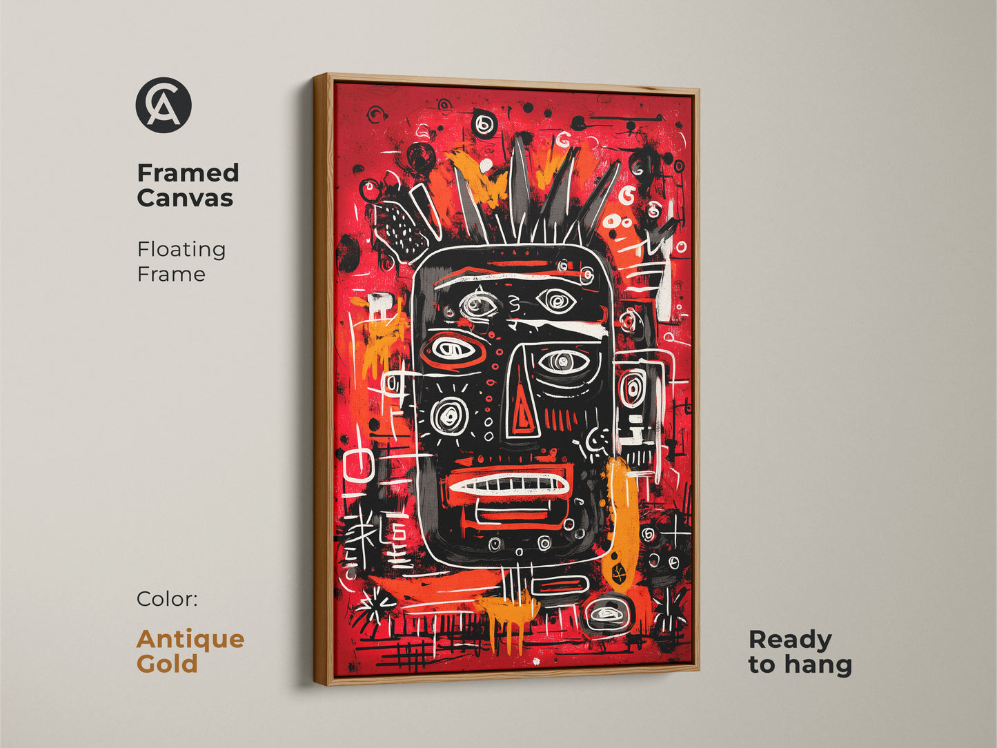 Framed canvas art with a floating frame in antique gold. The design features a black face with a crown on a vivid red background. This ready to hang piece adds a sophisticated and modern touch to any room. Perfect for art enthusiasts.