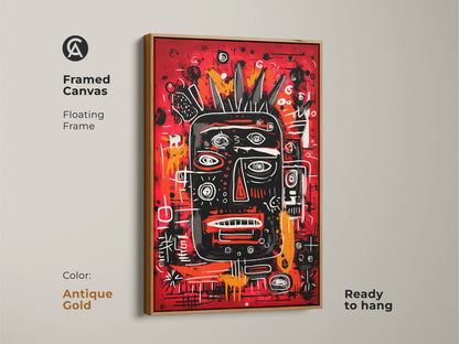Framed canvas art with a floating frame in antique gold. The design features a black face with a crown on a vivid red background. This ready to hang piece adds a sophisticated and modern touch to any room. Perfect for art enthusiasts.
