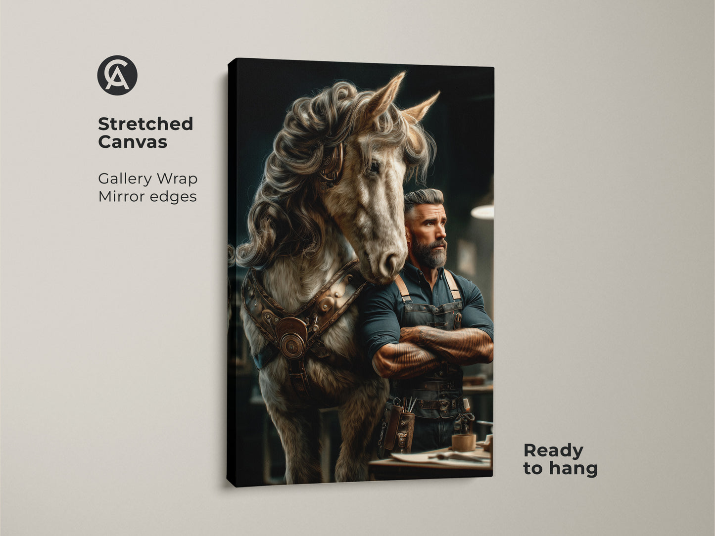 View of a stretched canvas gallery wrap steampunk horse and man art. The fantasy canvas print has mirror edges for a clean look. Ready to hang this eclectic wall decor will enhance any study room. The office decor gift idea is perfect for horse lovers.