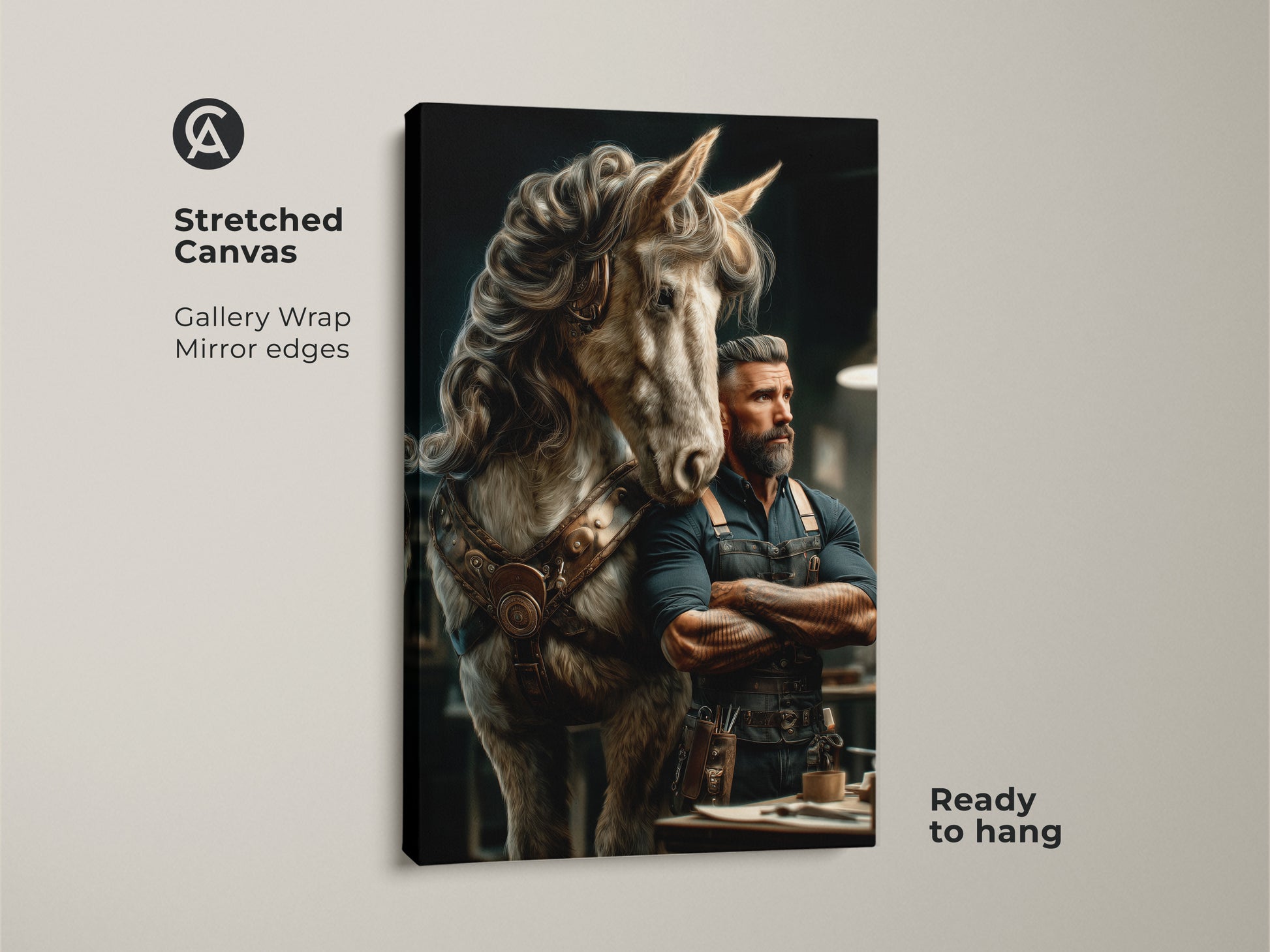 View of a stretched canvas gallery wrap steampunk horse and man art. The fantasy canvas print has mirror edges for a clean look. Ready to hang this eclectic wall decor will enhance any study room. The office decor gift idea is perfect for horse lovers.