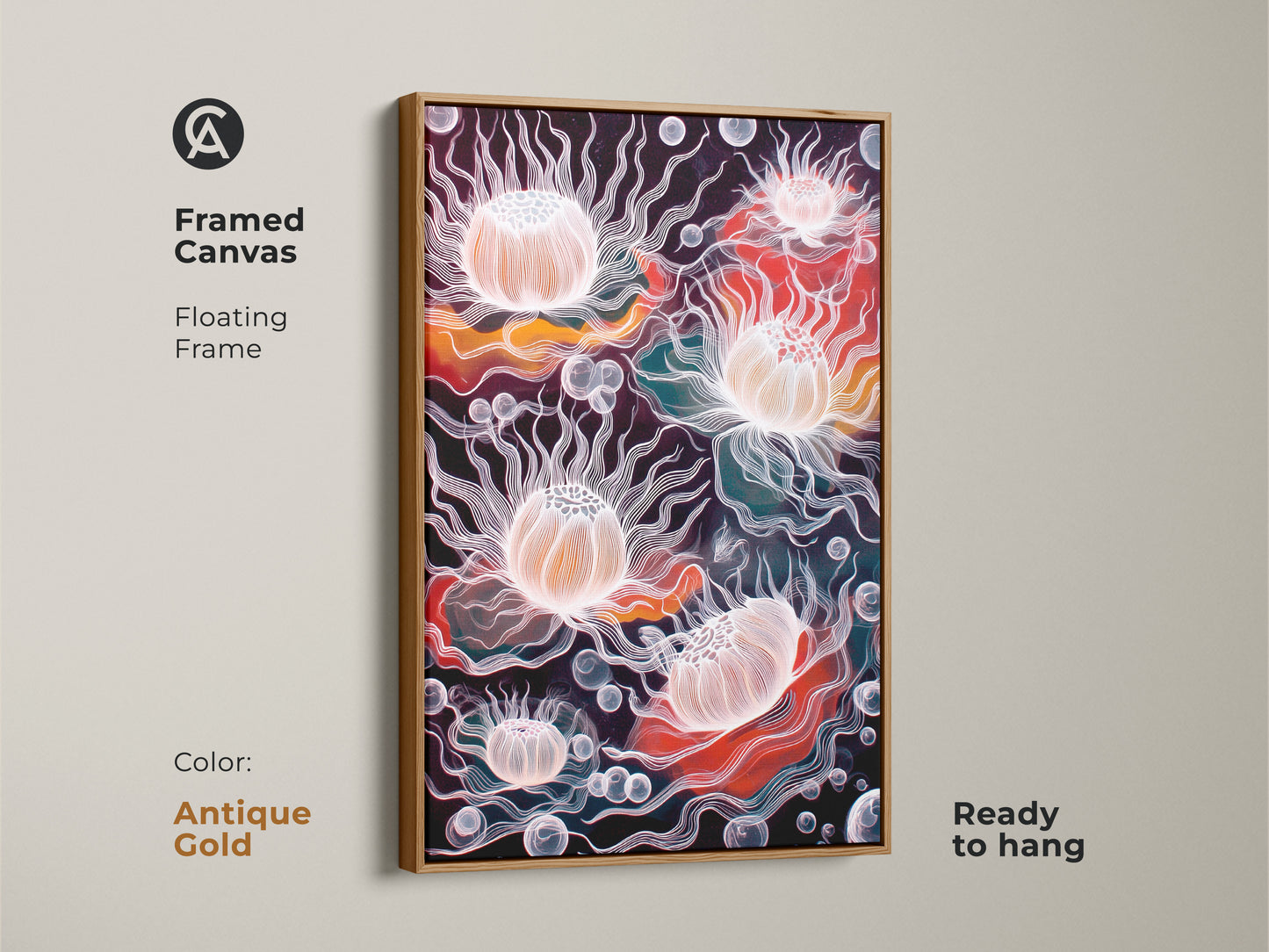 Framed canvas of abstract jellyfish artwork with an antique gold floating frame. Surreal underwater art print in coral orange and teal shades. Ready to hang eclectic home decor that stands out. A unique abstract artwork bringing marine life into your space. Ideal as birthday gift for her or modern office wall art.