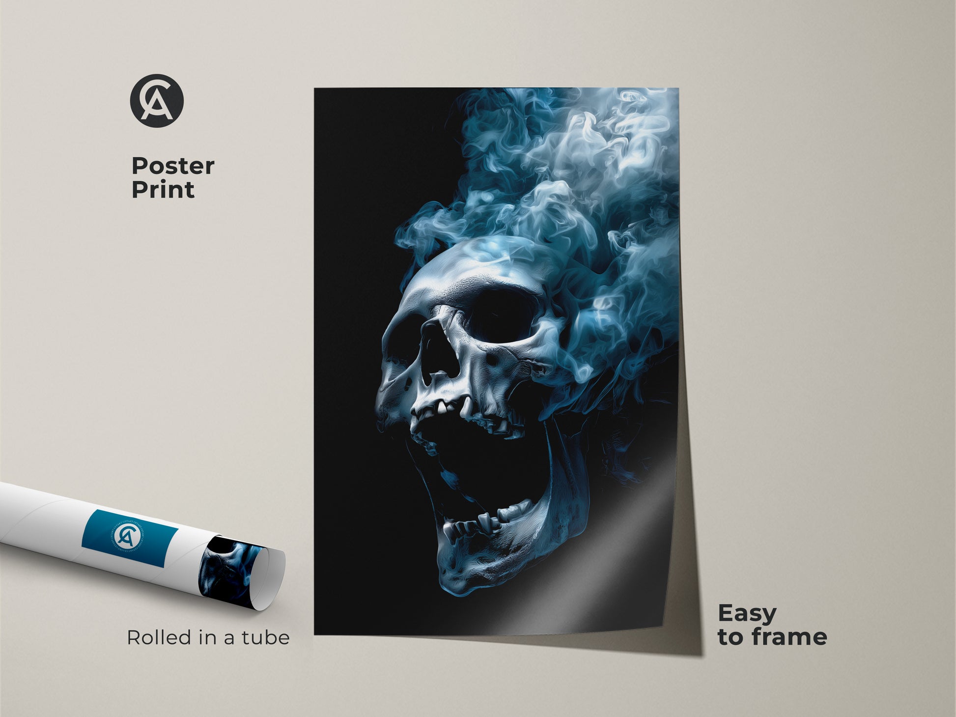 Poster print of a skull with smoke. This museum-quality paper print is easy to frame. The rolled poster print ensures safe delivery. Add a striking visual to your wall with this unique piece of art.