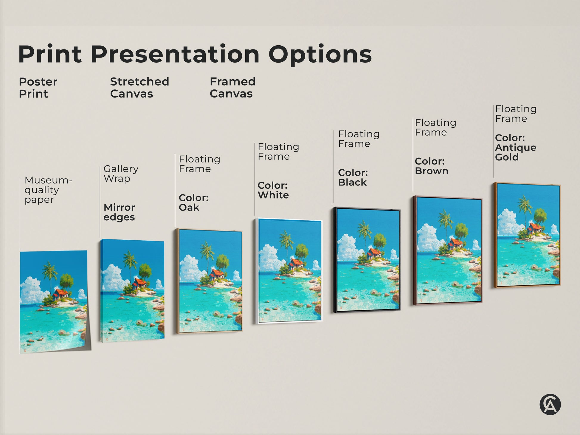 Explore print presentation options for tropical island artwork. Choose from poster prints stretched canvas and framed canvas with various frame colors. Options include gallery wrap museum-quality paper and floating frames. Find the perfect style to showcase this serene island art.